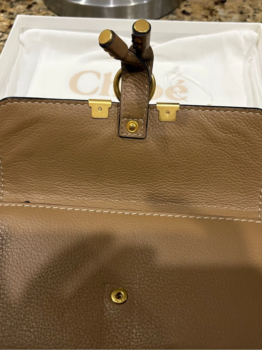 Chloé Tan Leather Foldover Wallet with Gold Accent